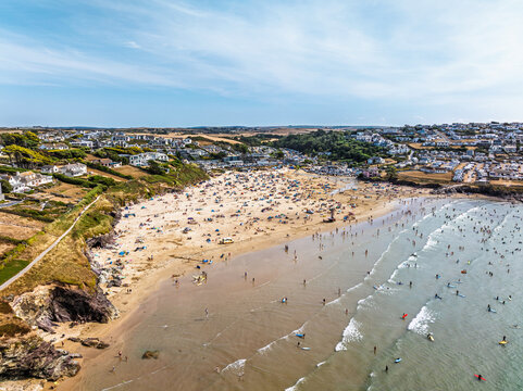 Polzeath Beach over Padstow Bay from a drone, Polzeath, Cornwall, England, Summer 2026