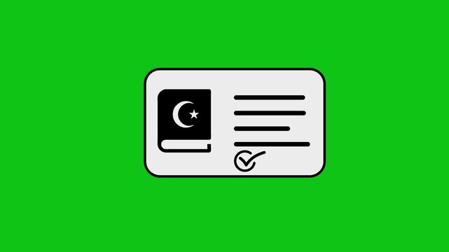 Animated identity card with quran icon and checklist symbol appearing on green screen background.