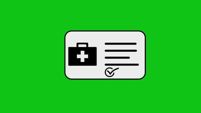 Medical insurance card animation with plus sign and lines appearing on green screen background.