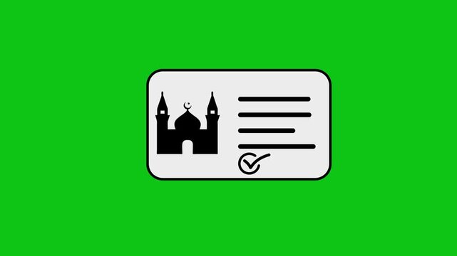 Animated mosque information card appearing on green screen background.