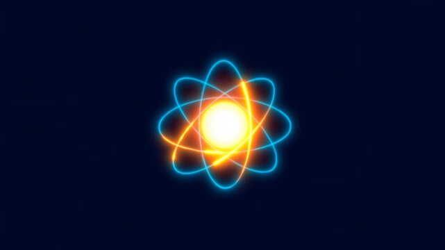 Glowing atom symbol centered on dark background with colorful orbital rings
