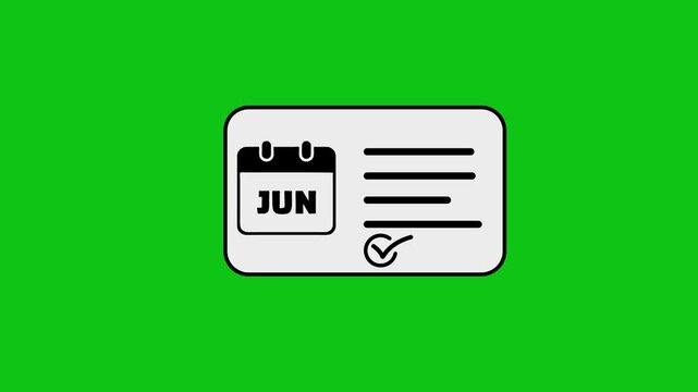 Animated calendar icon revealing checkmark list on clean white card against green screen background.