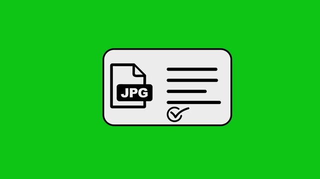 Flat animation of jpg image file format appearing on light card with checklist over green screen background.