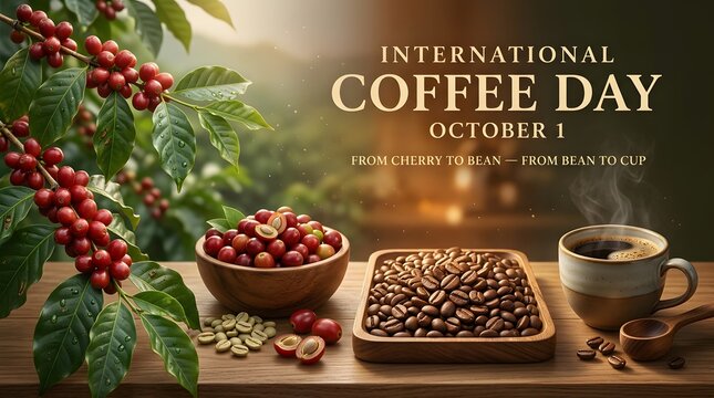 Coffee cherries roasted beans and a cup of coffee on a wooden surface