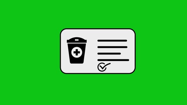 Medical document animation featuring first aid waste bin and checklist on green background for healthcare safety training.