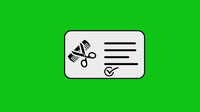 Hair salon business card animation with scissors and comb icon appearing on green screen background for barber shop marketing.