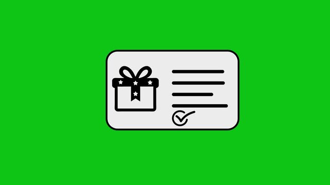 Animated gift card icon with box and checkmark appearing on green screen background for digital voucher marketing.