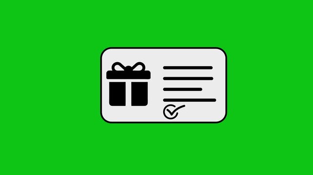 Gift card animation with green screen background, loyalty card with present box, motion graphics gift voucher, and check mark.