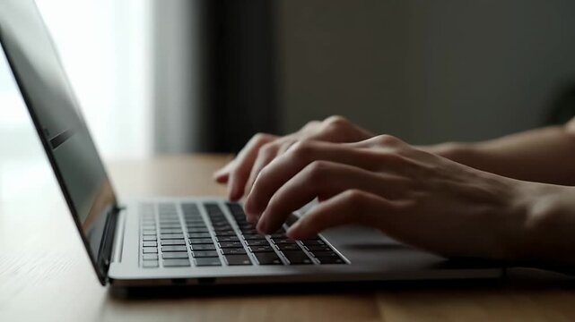 Close-up of human hands typing on a laptop keyboard at a wooden desk near a window with soft natural lighting, capturing a modern remote work, studying, or freelance concept.
