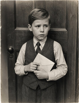 Formal 1940s schoolboy holding an envelope in a doorway