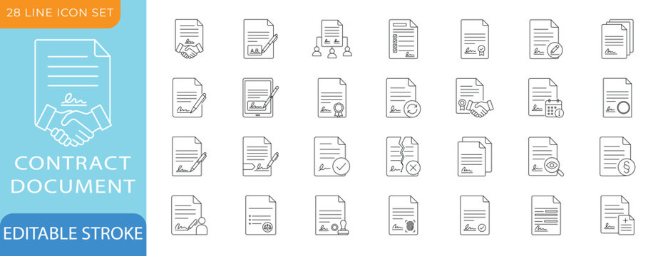 Contract Document Line Icons Set - Legal Agreement, Digital Signature, Notary Stamp and Approval. Editable Vector Illustration