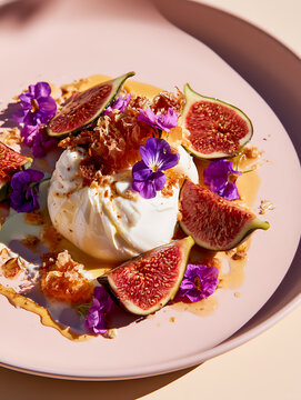 Fresh, round burrata cheese served with figs and honeycomb