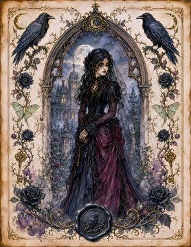 A dark gothic illustration featuring a woman with dark hair and a victorian dress, standing in front of a haunted mansion. Two crows are perched on a decorative arch above her.