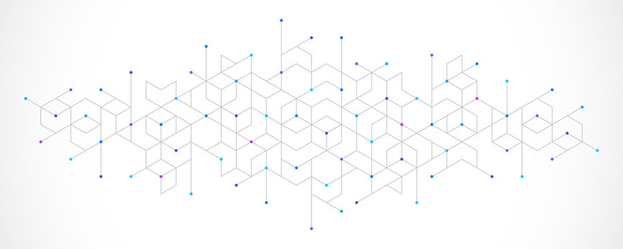 Abstract geometric 3D cube structure with connected lines and dots on white background. Concept of digital technology, blockchain, data visualization, architecture, innovation and modern design