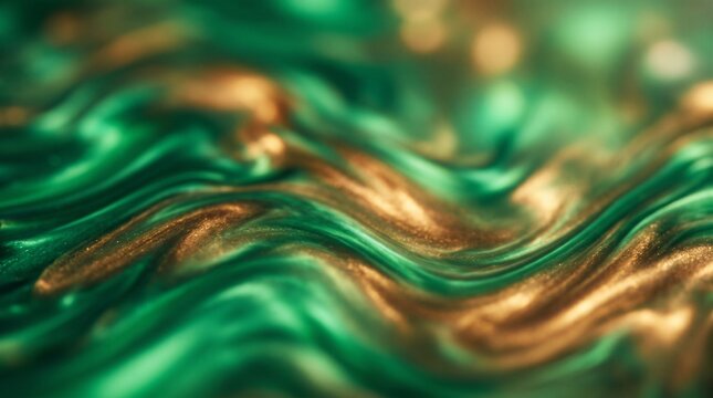 Abstract background featuring flowing liquid waves with vibrant green and warm gold metallic color gradients