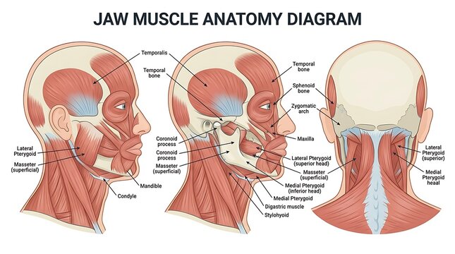 Human jaw muscle anatomy diagram with facial musculature views