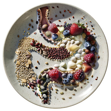 Human stomach shape made of healthy food ingredients on a plate for nutrition concepts