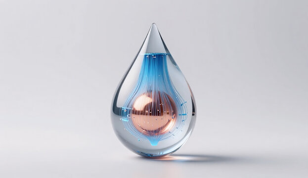 Humanized AI empathy logic: biomorphic glass node blending cyan algorithms with warm gold core