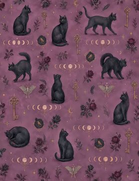A mystical pattern featuring black cats, vintage keys, and floral elements with a celestial moon phase design. This enchanting composition evokes a sense of mystery and gothic charm