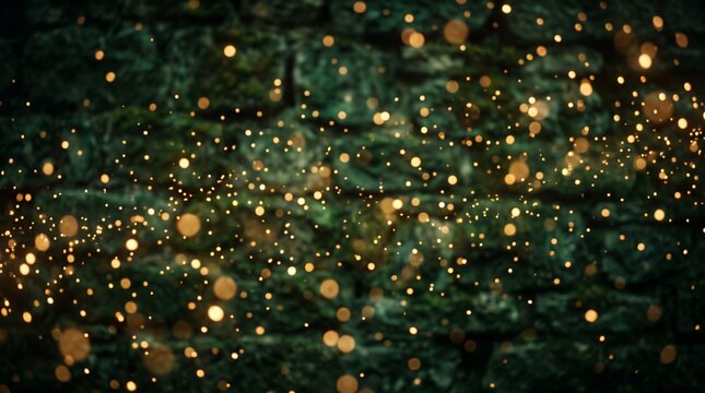 Abstract background featuring soft glowing golden lights scattered over a dark green textured forest backdrop
