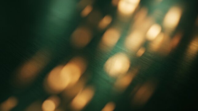 Abstract background with soft golden bokeh lights on a dark green and black textured surface