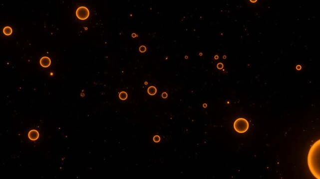 Glowing orange bubbles suspended in dark space with scattered luminous particles