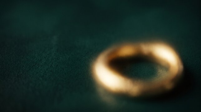 A single elegant gold wedding ring resting on a dark reflective surface with soft artistic blur