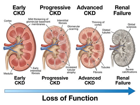 Stages of chronic kidney disease progression illustration isolated on white background