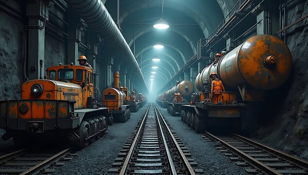 Industrial underground tunnel with trains and cargo.