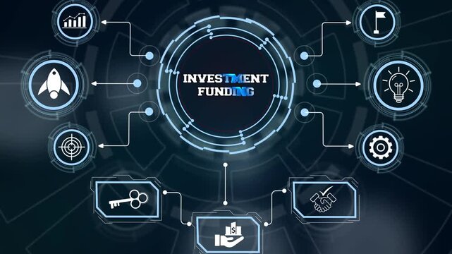 Futuristic financial technology panel tracking return on investment parameters and Investment funding streams