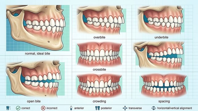 Educational diagram of human teeth bite types and dental alignment