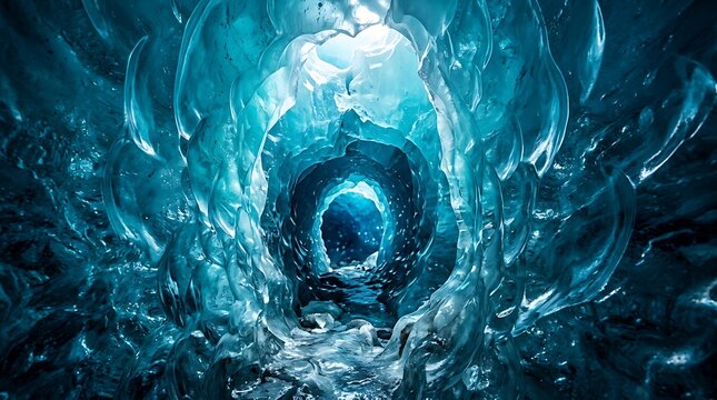 Glowing blue ice cave tunnel in a frozen glacier