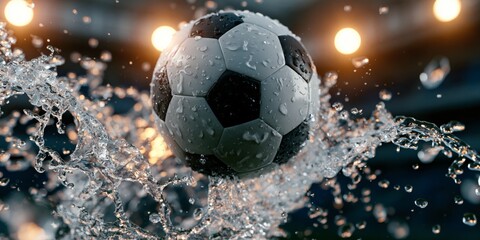 Fototapeta premium A classic black and white soccer ball surrounded by a dynamic water splash with warm stadium lights.