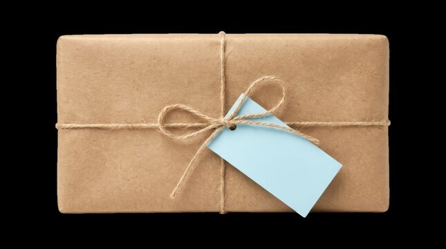 A rectangular parcel wrapped in brown craft paper with a simple twine bow and a blank light blue gift tag isolated on transparent background