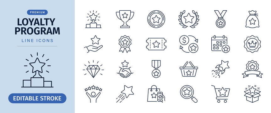 Loyalty program line icon set for reward points and customer promotion, vector illustration