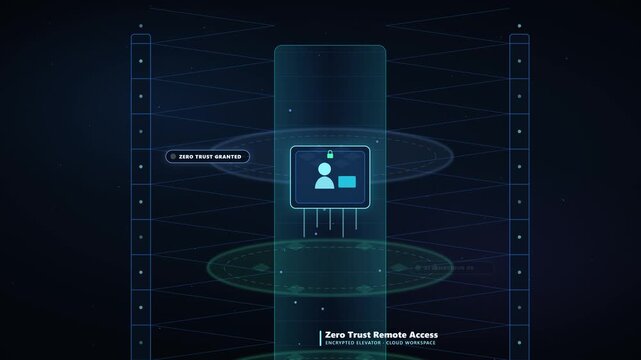 Futuristic Glass Elevator Journey Through Zero Trust Security Layers for Remote Work