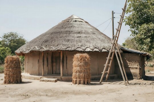 Traditional round mud hut with thatched roof in a rural village setting