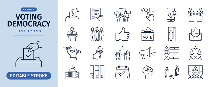 Voting democracy line icon set for election choice and political campaign, vector illustration