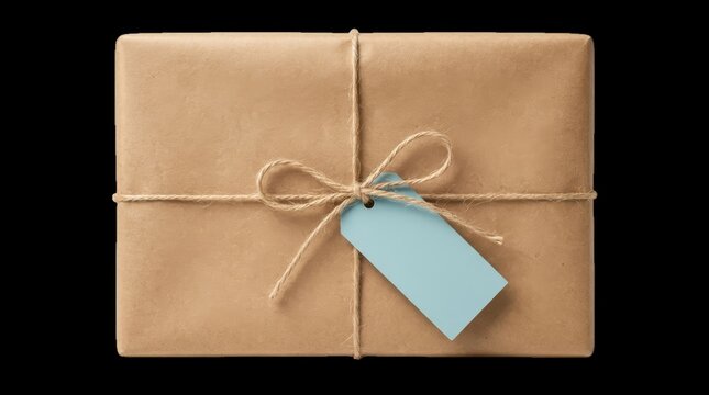 A rectangular parcel wrapped in brown craft paper tied with natural twine and a blank blue gift tag presented as an isolated on transparent background