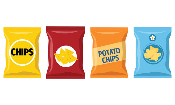 Set of colourful chips and potato chips packets