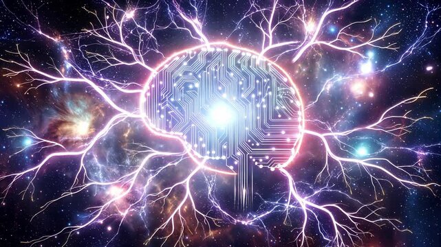 Glowing digital brain with circuit board patterns in deep space. Static wide shot.