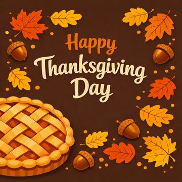 Festive Thanksgiving illustration with &ldquo;Happy Thanksgiving Day&rdquo; text, autumn leaves, acorns, and traditional pie on warm brown background. Holiday greetings, seasonal promotions, social media post