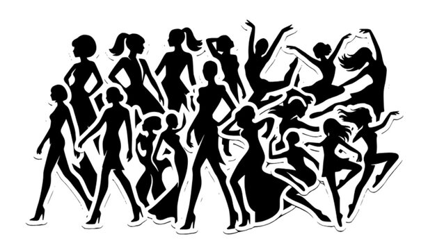 bold fashion woman silhouettes vector sticker design with beautiful girls posing and dancing