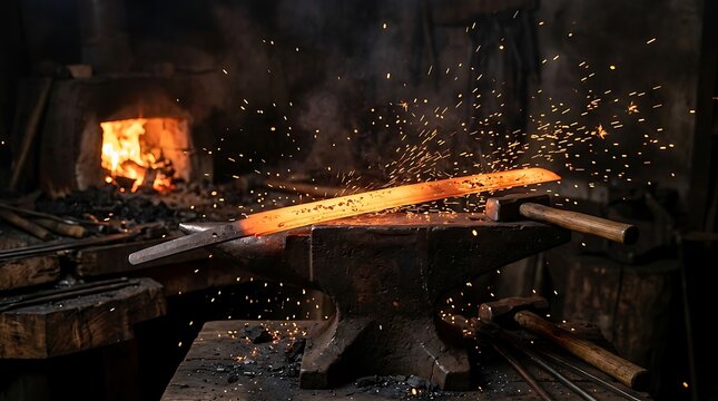 Red hot glowing metal blade forged on traditional anvil with sparks