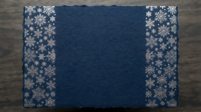 Elegant dark blue winter background with decorative white snowflake borders on the sides