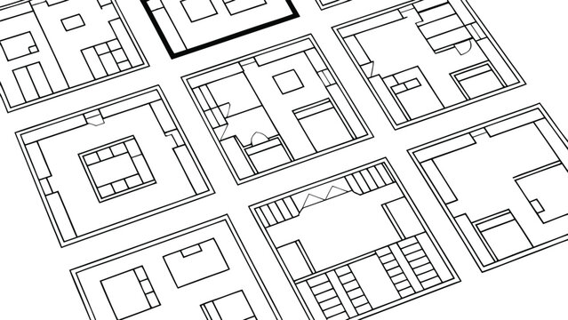 Isometric grid pattern of black and white architectural floor plans
