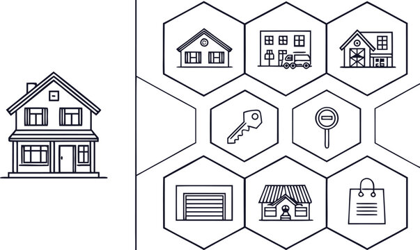 Real estate set, house and property symbols in hexagon grid home