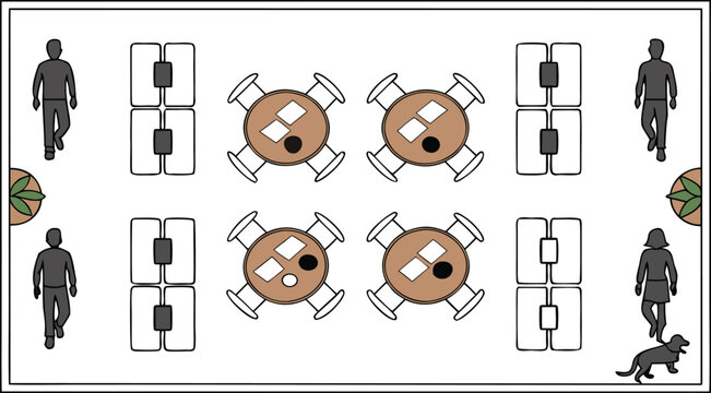 Top-down floor plan of a cafe with tables, chairs, and people layout