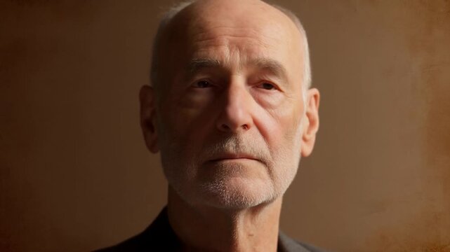 Older man with neutral expression facing forward in warmly lit indoor portrait setting