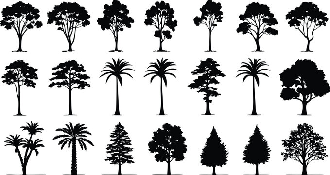 Collection of various tree silhouettes, black set on white background